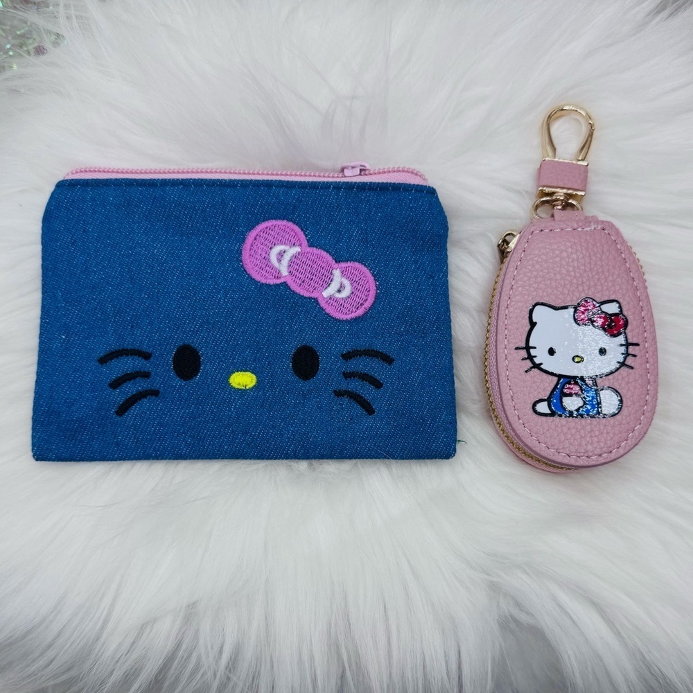 Hello Kitty Denim Blue Pouch and Pink Key Holder Set